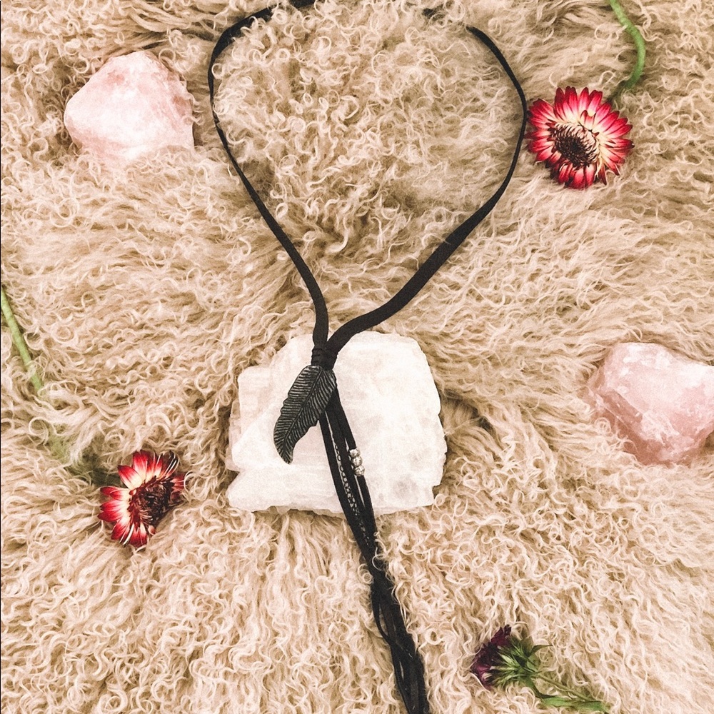 Lariat Tie Leather and Sterling Silver Angel Wing Necklace